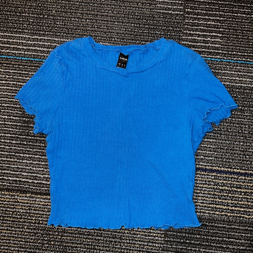SHEIN blue T shirt women’s size S. Full length with lettuce trim